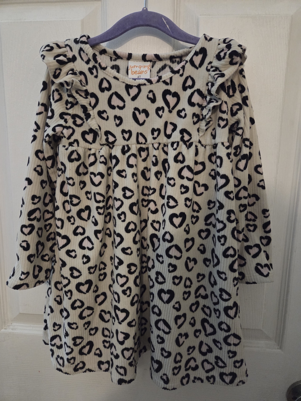 jumping beans Cream Dress with Black Heart Print and Ruffle Shoulders